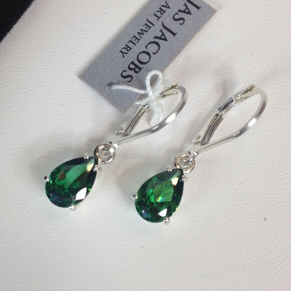 Beautiful 3ctw Pear Cut Emerald Earrings in Sterling Silver Dangle Leverbacks - Picture 8 of 10